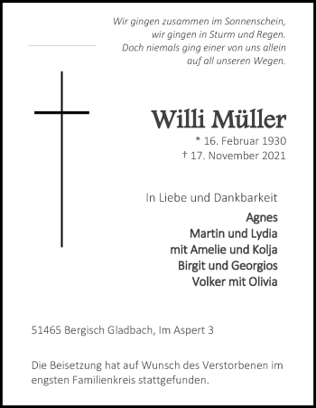 Anzeige von Willi Müller von Kölner Stadt-Anzeiger / Kölnische Rundschau / Express