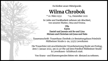 Anzeige von Wilma Chrobok von Kölner Stadt-Anzeiger / Kölnische Rundschau / Express