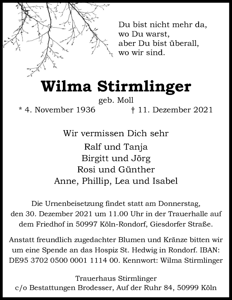  Traueranzeige für Wilma Stirmlinger vom 22.12.2021 aus Kölner Stadt-Anzeiger / Kölnische Rundschau / Express