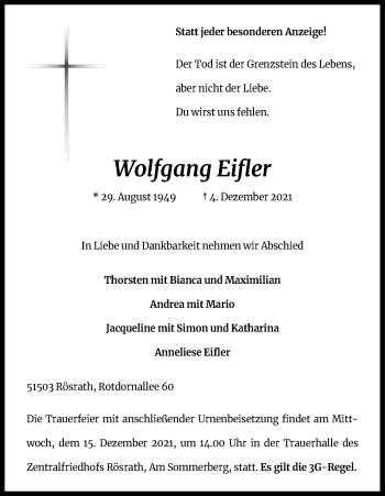 Anzeige von Wolfgang Eifler von Kölner Stadt-Anzeiger / Kölnische Rundschau / Express