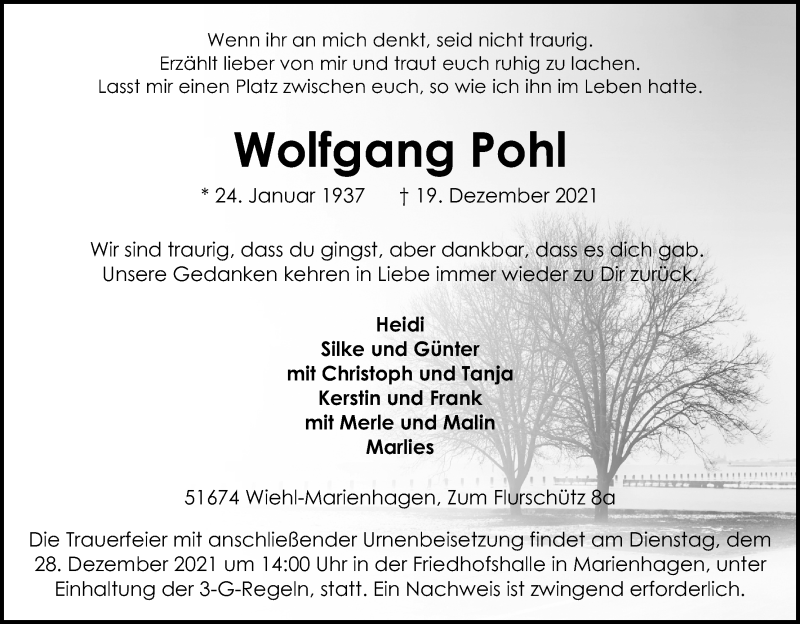  Traueranzeige für Wolfgang Pohl vom 22.12.2021 aus Kölner Stadt-Anzeiger / Kölnische Rundschau / Express