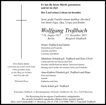 Anzeige von Wolfgang Troßbach von Kölner Stadt-Anzeiger / Kölnische Rundschau / Express