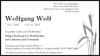 Anzeige von Wolfgang Wolf von Kölner Stadt-Anzeiger / Kölnische Rundschau / Express