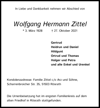 Anzeige von Wolfgang Hermann Zittel von Kölner Stadt-Anzeiger / Kölnische Rundschau / Express