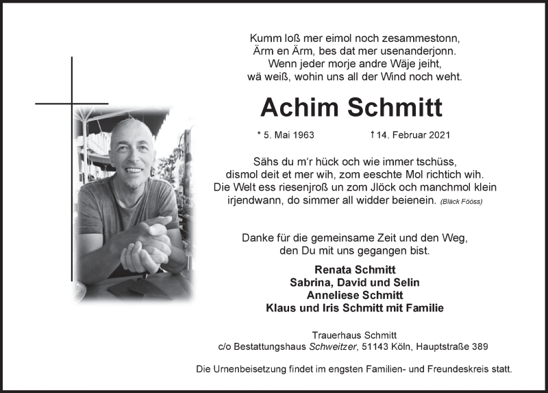  Traueranzeige für Achim Schmitt vom 19.02.2021 aus  Kölner Wochenspiegel 