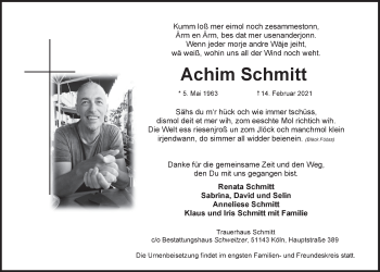Anzeige von Achim Schmitt von  Kölner Wochenspiegel 