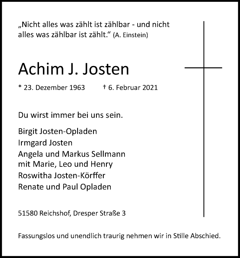  Traueranzeige für Achim J. Josten vom 13.02.2021 aus Kölner Stadt-Anzeiger / Kölnische Rundschau / Express