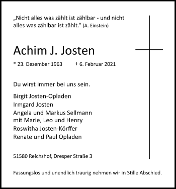 Anzeige von Achim J. Josten von Kölner Stadt-Anzeiger / Kölnische Rundschau / Express