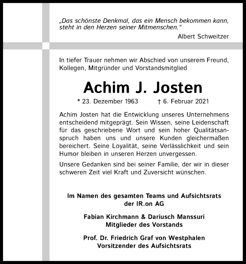  Traueranzeige für Achim J. Josten vom 20.02.2021 aus Kölner Stadt-Anzeiger / Kölnische Rundschau / Express