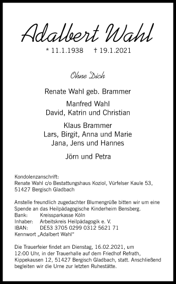 Anzeige von Adalbert Wahl von Kölner Stadt-Anzeiger / Kölnische Rundschau / Express
