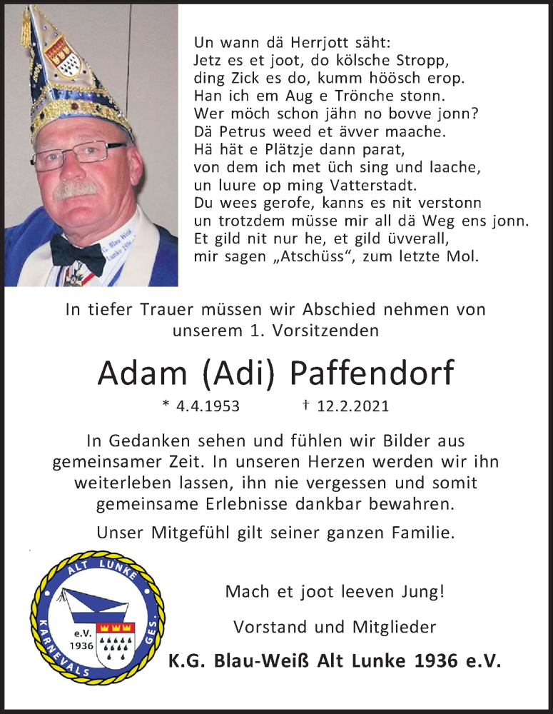  Traueranzeige für Adam  Paffendorf vom 20.02.2021 aus Kölner Stadt-Anzeiger / Kölnische Rundschau / Express