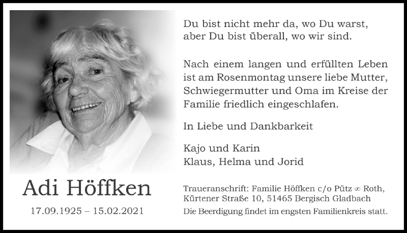  Traueranzeige für Adi Höffken vom 19.02.2021 aus  Bergisches Handelsblatt 