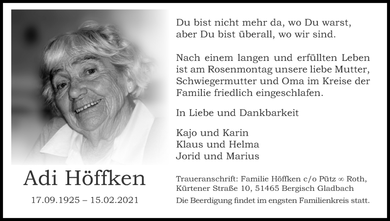  Traueranzeige für Adi Höffken vom 20.02.2021 aus Kölner Stadt-Anzeiger / Kölnische Rundschau / Express