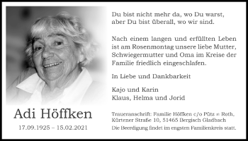 Anzeige von Adi Höffken von  Bergisches Handelsblatt 