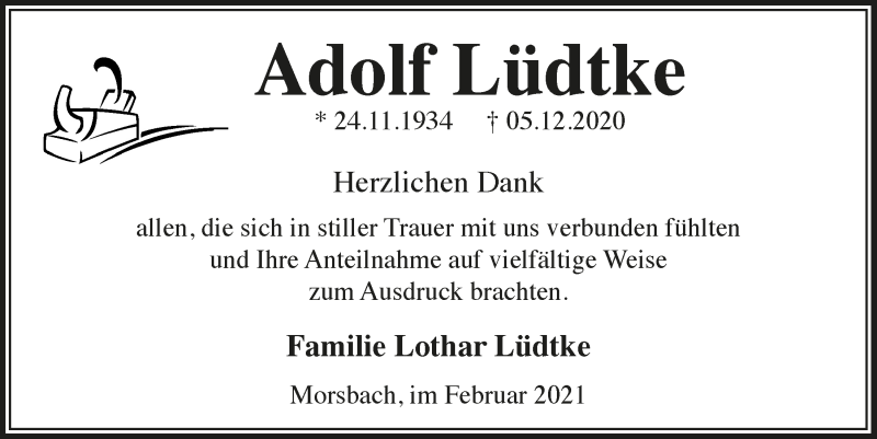  Traueranzeige für Adolf Lüdtke vom 05.02.2021 aus  Lokalanzeiger 