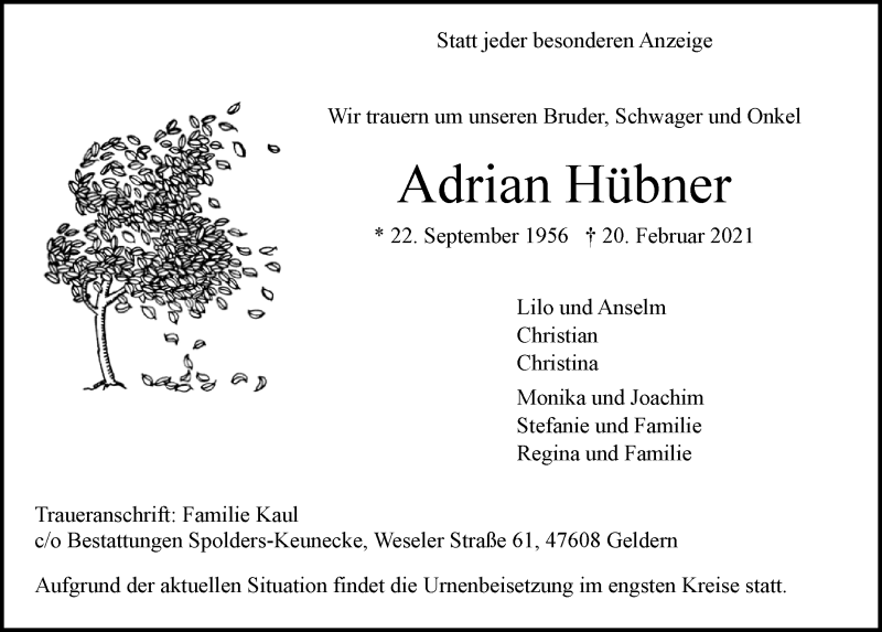  Traueranzeige für Adrian Hübner vom 26.02.2021 aus  Kölner Wochenspiegel 