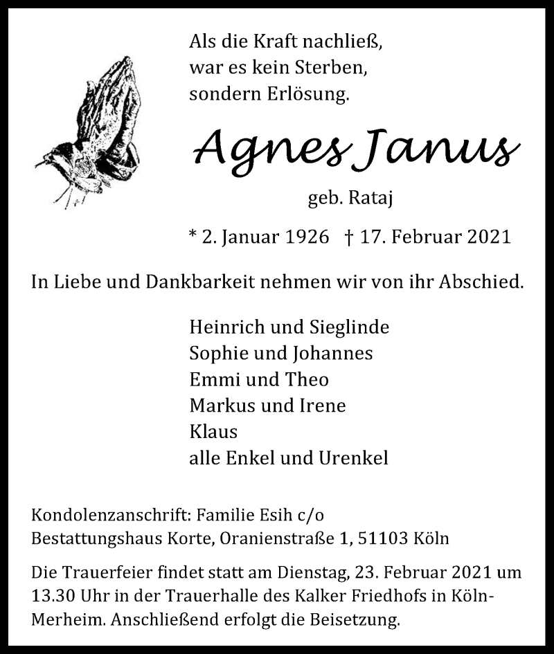  Traueranzeige für Agnes Janus vom 20.02.2021 aus Kölner Stadt-Anzeiger / Kölnische Rundschau / Express