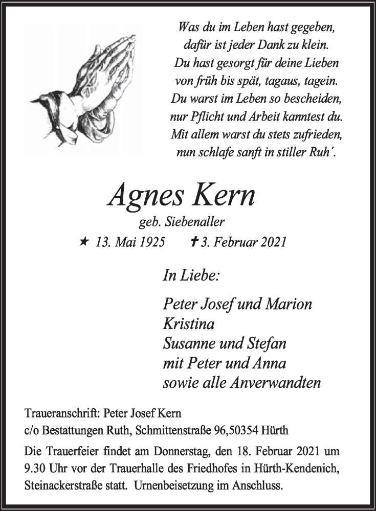  Traueranzeige für Agnes Kern vom 12.02.2021 aus  Wochenende 