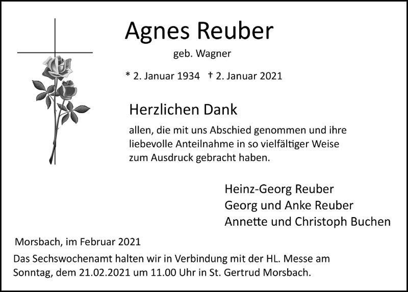  Traueranzeige für Agnes Reuber vom 05.02.2021 aus  Lokalanzeiger 