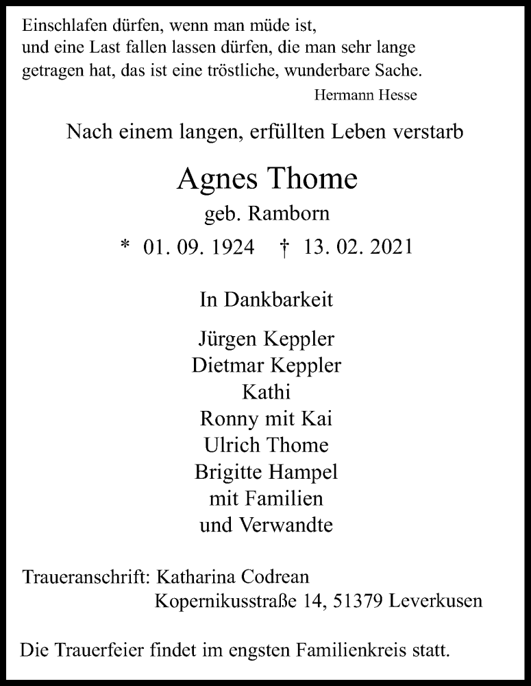  Traueranzeige für Agnes Thome vom 20.02.2021 aus Kölner Stadt-Anzeiger / Kölnische Rundschau / Express