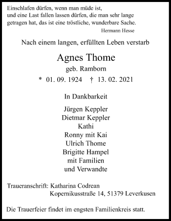Anzeige von Agnes Thome von Kölner Stadt-Anzeiger / Kölnische Rundschau / Express
