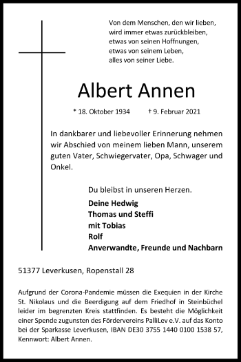 Anzeige von Albert Annen von Kölner Stadt-Anzeiger / Kölnische Rundschau / Express