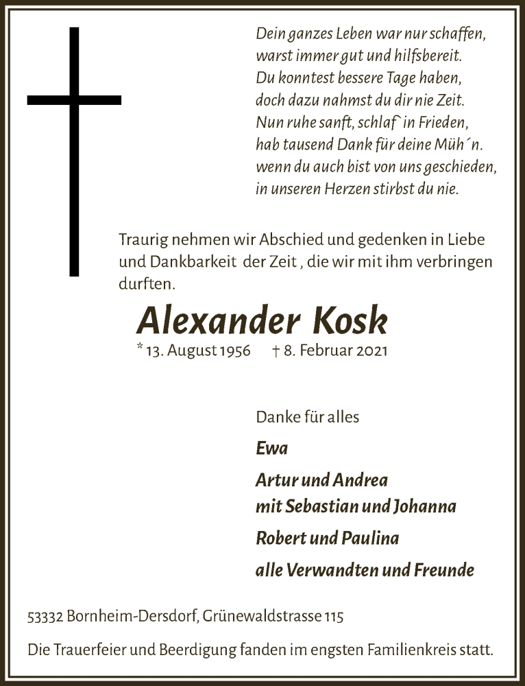  Traueranzeige für Alexander Kosk vom 19.02.2021 aus  Schaufenster/Blickpunkt 