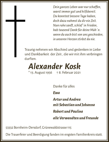 Anzeige von Alexander Kosk von  Schaufenster/Blickpunkt 