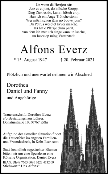 Anzeige von Alfons Everz von Kölner Stadt-Anzeiger / Kölnische Rundschau / Express