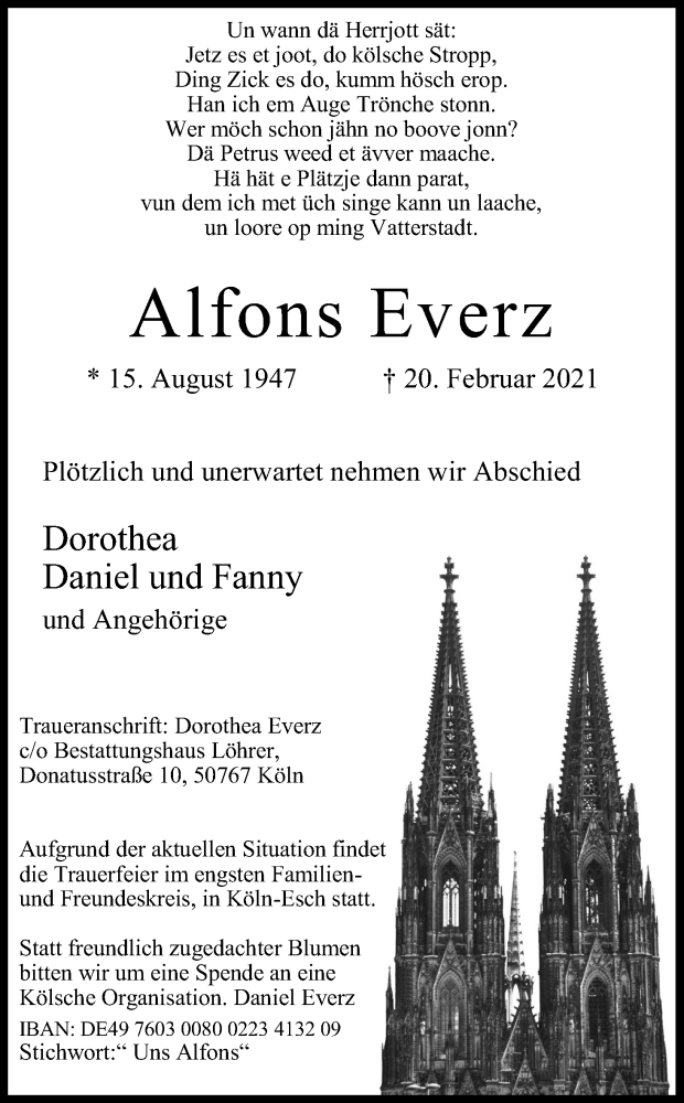  Traueranzeige für Alfons Everz vom 27.02.2021 aus Kölner Stadt-Anzeiger / Kölnische Rundschau / Express