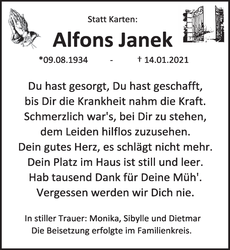  Traueranzeige für Alfons Janek vom 05.02.2021 aus  Werbepost 