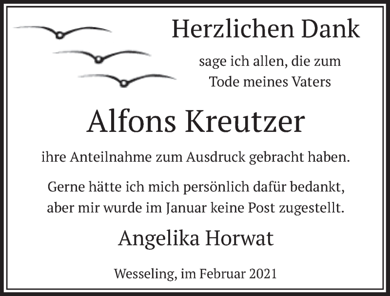  Traueranzeige für Alfons Kreutzer vom 12.02.2021 aus  Schlossbote/Werbekurier 