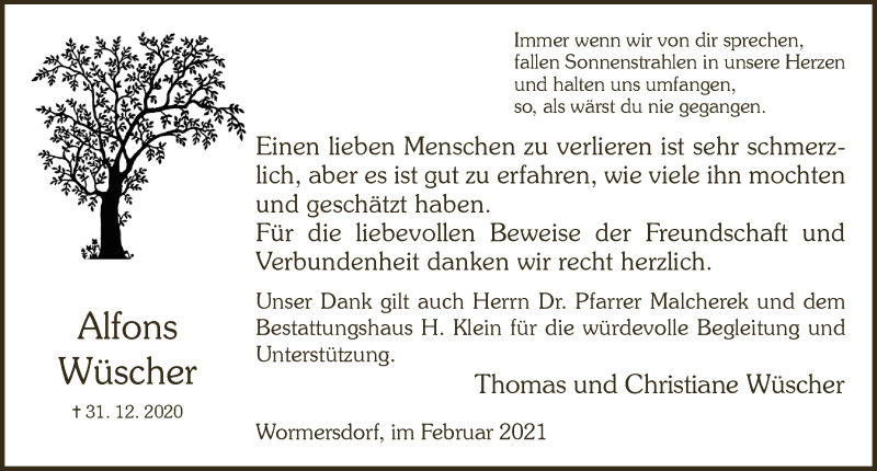  Traueranzeige für Alfons Wüscher vom 12.02.2021 aus  Schaufenster/Blickpunkt 
