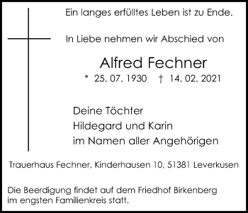 Anzeige von Alfred Fechner von Kölner Stadt-Anzeiger / Kölnische Rundschau / Express