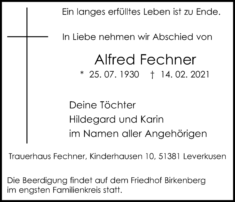  Traueranzeige für Alfred Fechner vom 20.02.2021 aus Kölner Stadt-Anzeiger / Kölnische Rundschau / Express