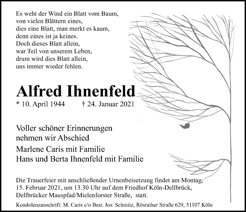  Traueranzeige für Alfred Ihnenfeld vom 06.02.2021 aus Kölner Stadt-Anzeiger / Kölnische Rundschau / Express