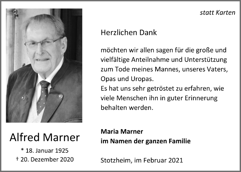  Traueranzeige für Alfred Marner vom 06.02.2021 aus  Blickpunkt Euskirchen 