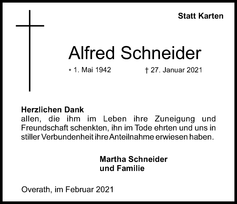  Traueranzeige für Alfred Schneider vom 27.02.2021 aus Kölner Stadt-Anzeiger / Kölnische Rundschau / Express