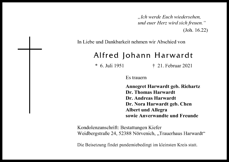  Traueranzeige für Alfred Johann Harwardt vom 27.02.2021 aus Kölner Stadt-Anzeiger / Kölnische Rundschau / Express