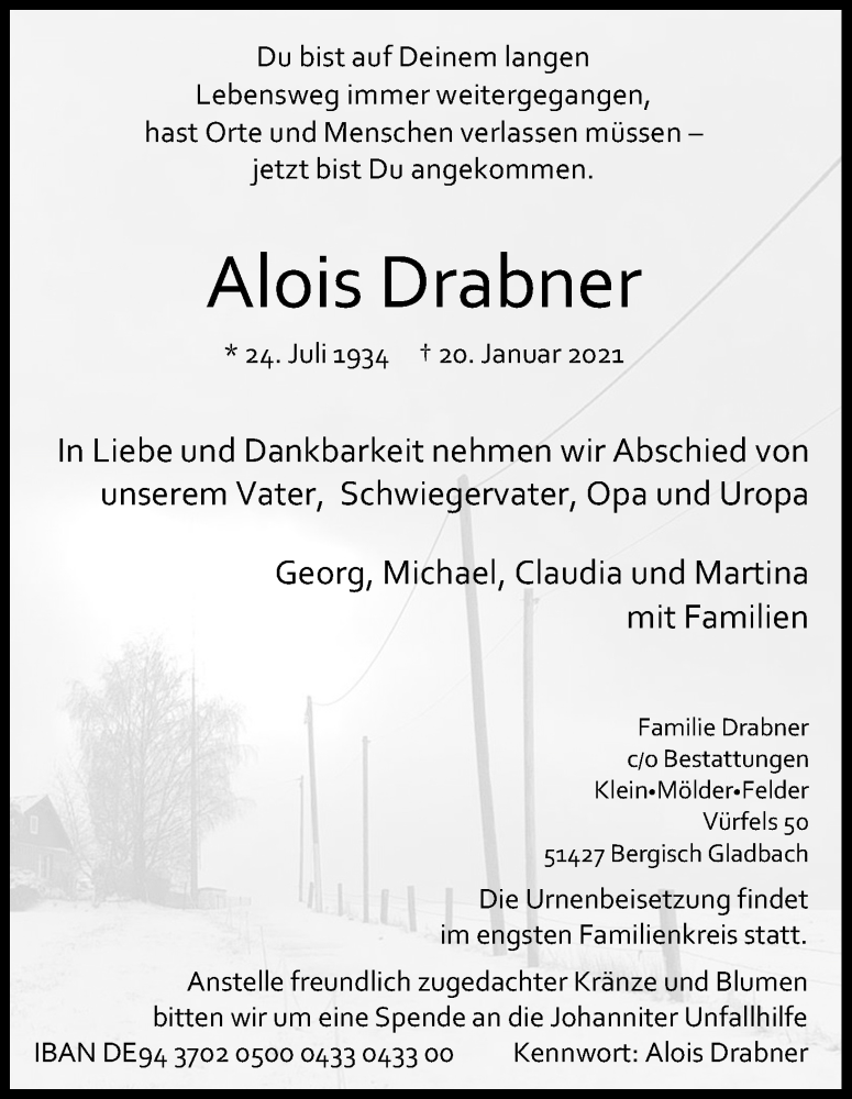  Traueranzeige für Alois Drabner vom 06.02.2021 aus Kölner Stadt-Anzeiger / Kölnische Rundschau / Express