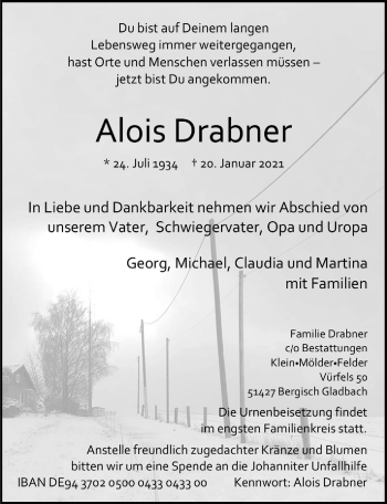 Anzeige von Alois Drabner von  Bergisches Handelsblatt 