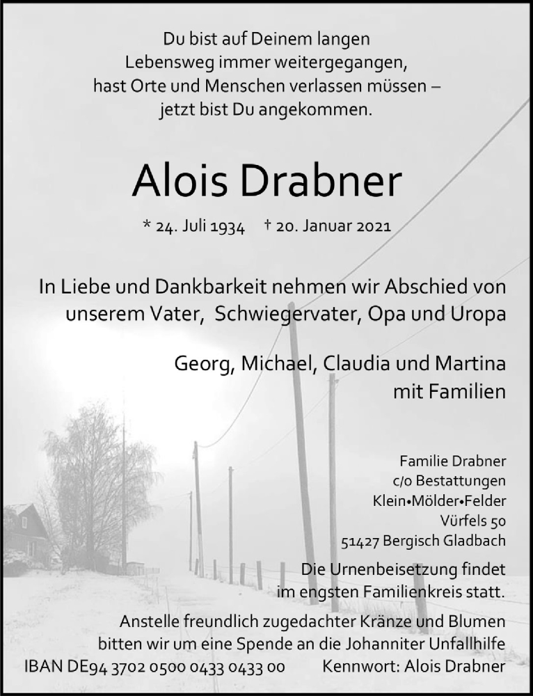  Traueranzeige für Alois Drabner vom 05.02.2021 aus  Bergisches Handelsblatt 