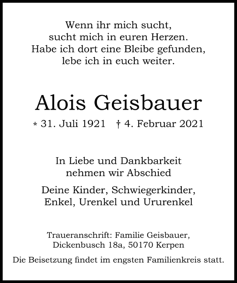  Traueranzeige für Alois Geisbauer vom 19.02.2021 aus  Werbepost 