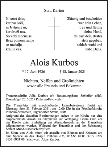 Anzeige von Alois Kurbos von  Wochenende 