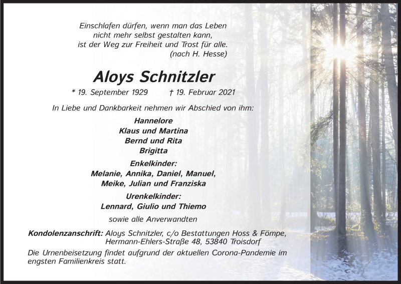  Traueranzeige für Aloys Schnitzler vom 27.02.2021 aus Kölner Stadt-Anzeiger / Kölnische Rundschau / Express