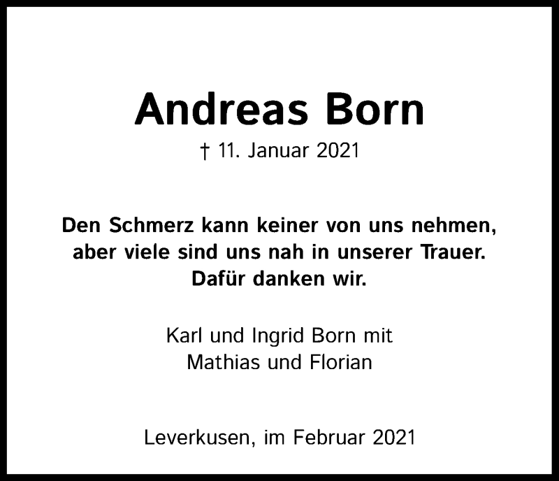  Traueranzeige für Andreas Born vom 20.02.2021 aus Kölner Stadt-Anzeiger / Kölnische Rundschau / Express