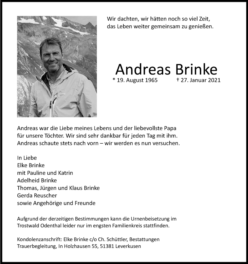  Traueranzeige für Andreas Brinke vom 06.02.2021 aus Kölner Stadt-Anzeiger / Kölnische Rundschau / Express