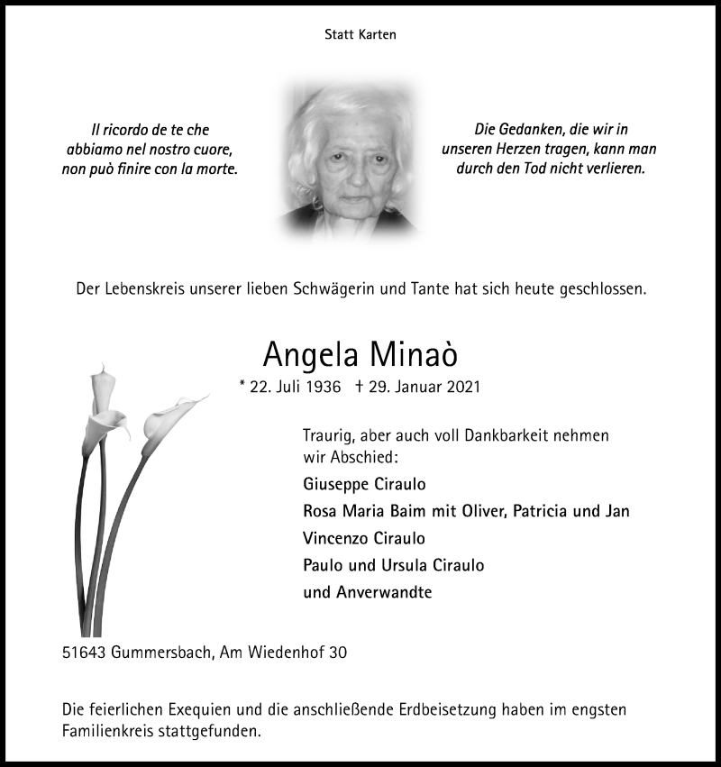  Traueranzeige für Angela Minao vom 13.02.2021 aus Kölner Stadt-Anzeiger / Kölnische Rundschau / Express
