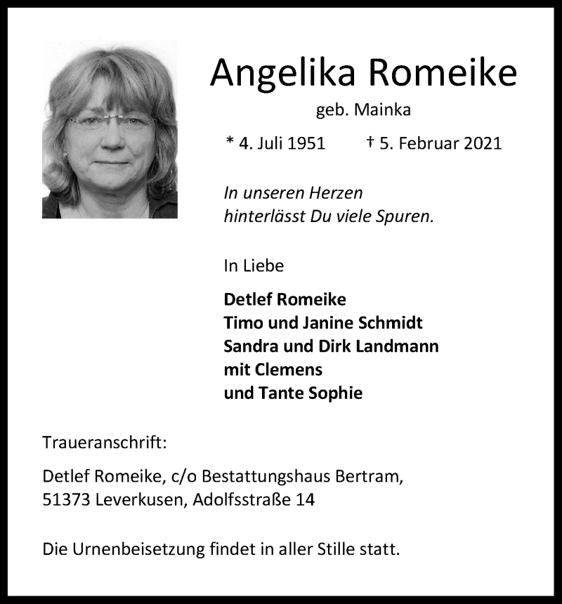  Traueranzeige für Angelika Romeike vom 20.02.2021 aus Kölner Stadt-Anzeiger / Kölnische Rundschau / Express