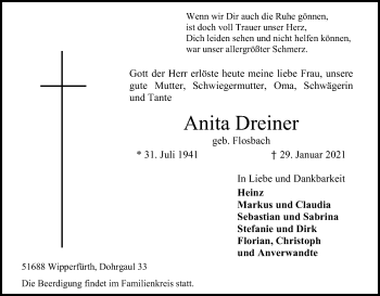 Anzeige von Anita Dreiner von Kölner Stadt-Anzeiger / Kölnische Rundschau / Express